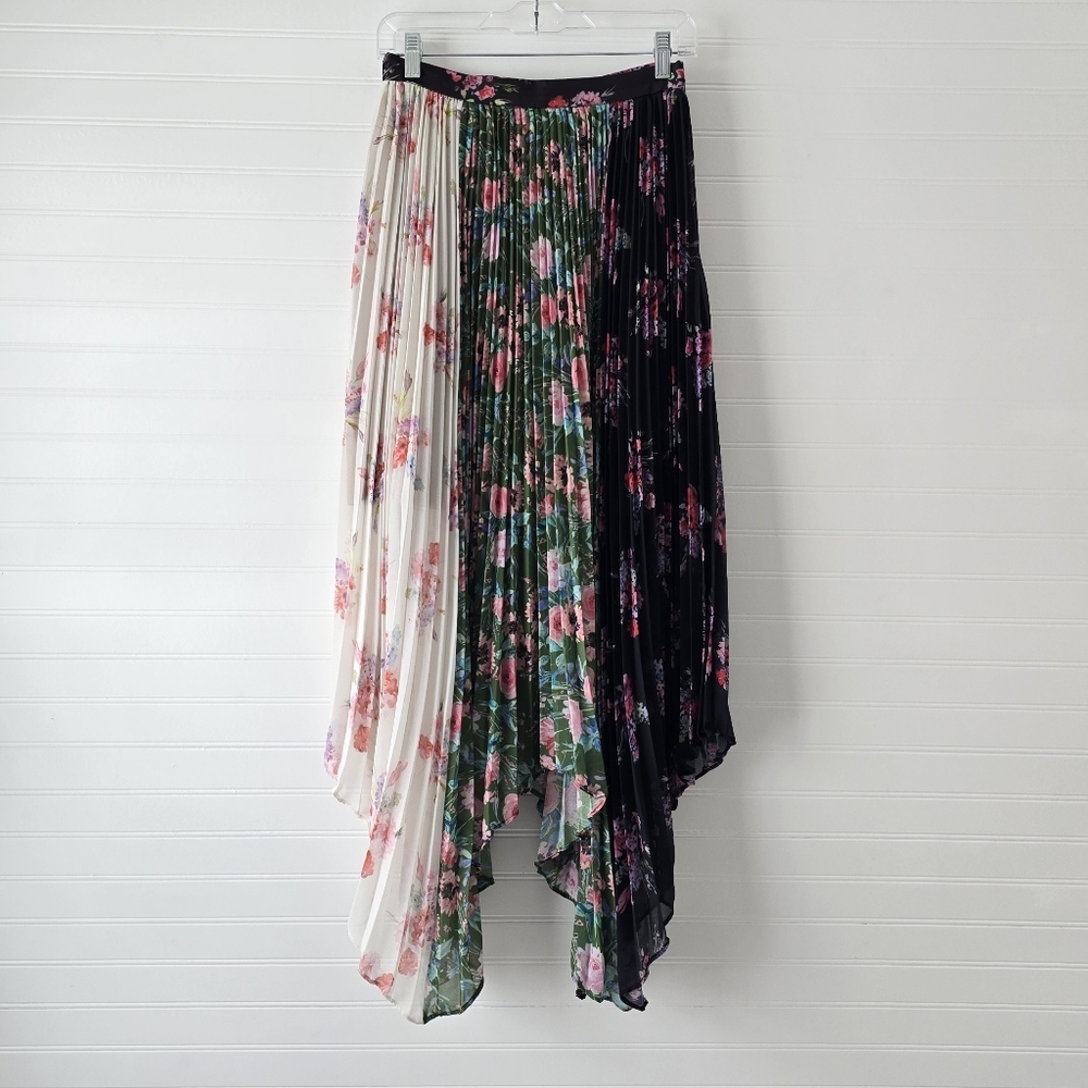 Amur Mica Skirt Tri Color Floral Pleated Hankerchief Hem Midi Skirt 4 - Picture 3 of 10